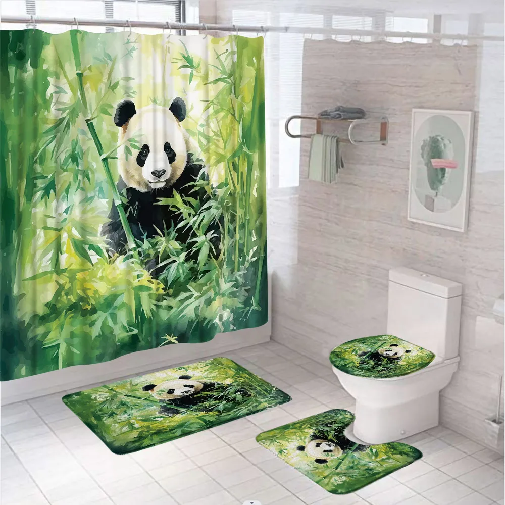 Bamboo Bath Mat - ชุดม่านห้องน้ำไม้ไผ่สีน้ำสีเขียว4ชิ้นม่านห้องน้ำรูปแพนด้าน่ารักสัตว์ป่าพรมเช็ดเท้าในห้องน้ำคลุมห้องน้ำ