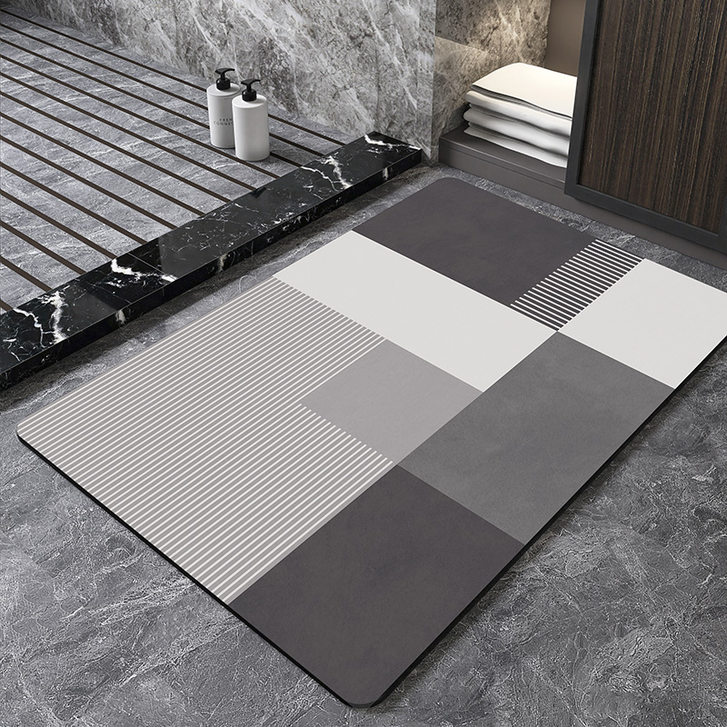 Bamboo Bath Mat - แผ่นรองอาบน้ำไดอะตอมไมต์ลายเรขาคณิตสไตล์นอร์ดิก ซึมซับน้ำได้ดีเยี่ยม กันลื่น แห้งเร็ว ใช้ได้ในห้องน้ำ ห้องอาบน้ำ
